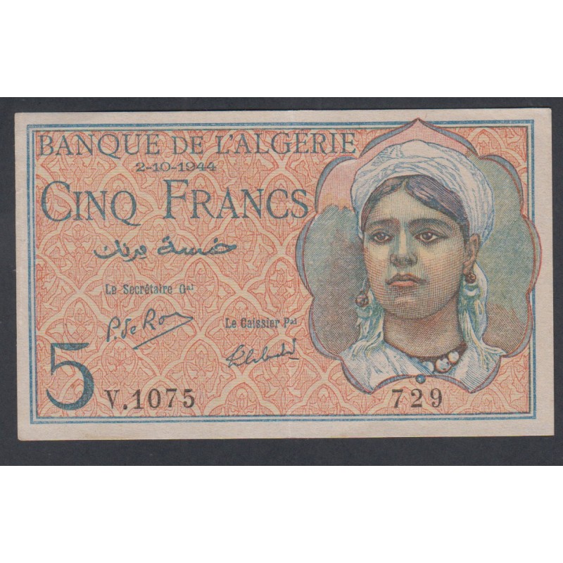 Algérie - 5 Francs - 02-10-1944 - SPL - lartdesgents.fr