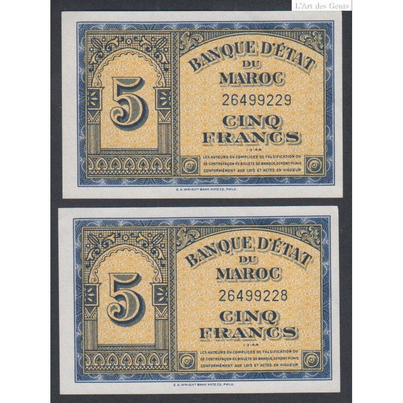 Maroc - Lot de 2 billets de 5 Francs - 01-03-1944 -N° Suivis - Neufs - lartdesgents.fr