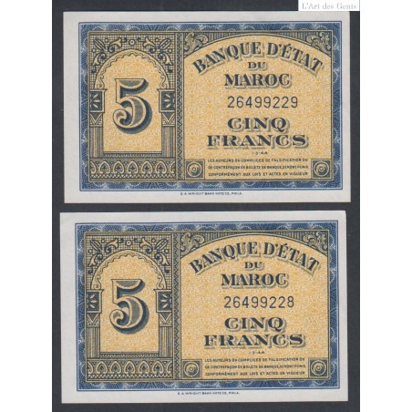 Maroc - Lot de 2 billets de 5 Francs - 01-03-1944 -N° Suivis - Neufs - lartdesgents.fr