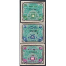France - Lot de 3 billets 2-5-10 Francs Drapeau  - 1944 - TB+  lartdesgents.fr