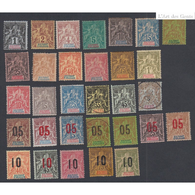 Lot Timbres des Colonies - Sultanat d'Anjouan - 31Timbres n°1 à n°30- Neuf* et Oblitérés - lartdesgents.fr