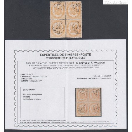 Bloc de 4 Timbres Télépgraphe n°7 - Oblitérés - Signé- Cote 500 Euros - lartdesgents.fr