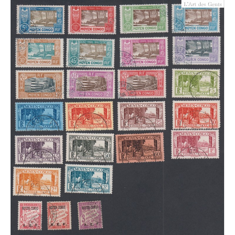 Timbres colonies Moyen Congo Taxes 1928 n°5-10-11 et 1930/33 n°12 à n°33, cote 171 € lartdesgents