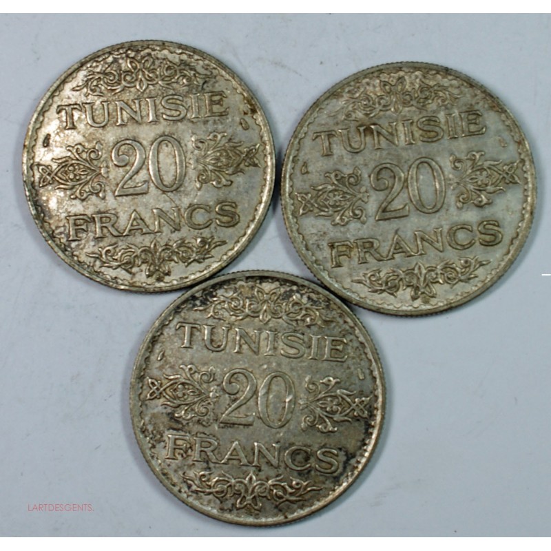 Tunisie 3 x 20 Francs 1934 argent- lartdesgents.fr