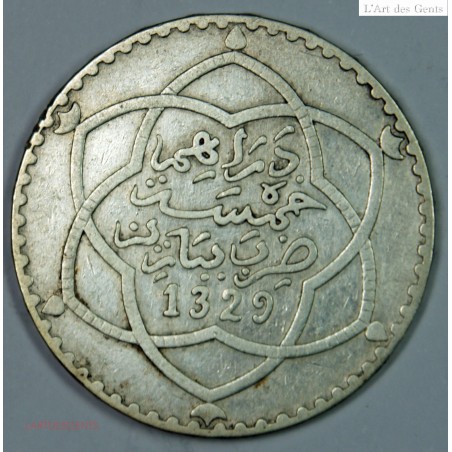 Maroc argent 5 dirhams 1329-1911 PARIS TB, lartdesgents.fr