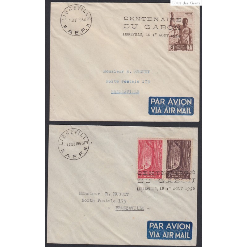 Colonies -lot 2 Lettres cachet Centenaire du Gabon Libreville 1950 AEF, lartdesgents