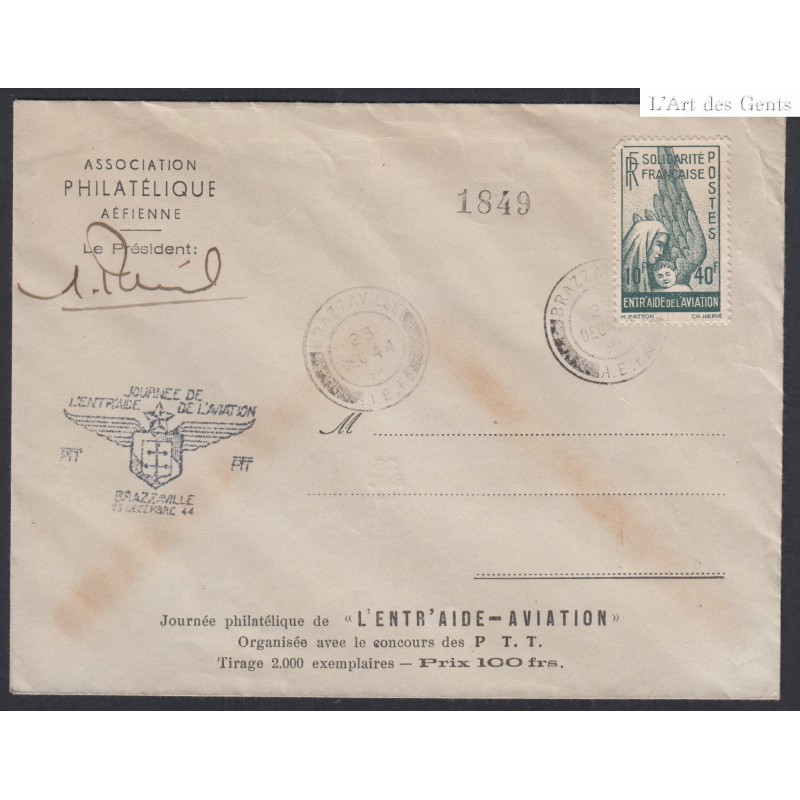 Colonies - Lettre 2000 exemplaires Journée de l'entraide de l'aviation Brazzaville 23 décembre 1944, lartdesgents