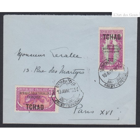 Colonies - Cachet Agent Spécial 1934, Timbres Tchad 15c et 45 c, lartdesgents.fr