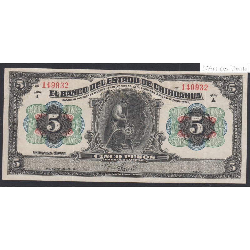 Mexique Billet 5 Pesos 1913 - TB+  lartdesgents.fr