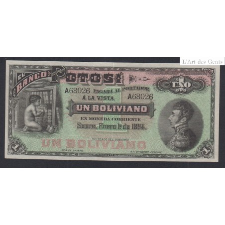 Bolivie Billet 1 Boliviano 1894 - Non émis SPL - lartdesgents.fr