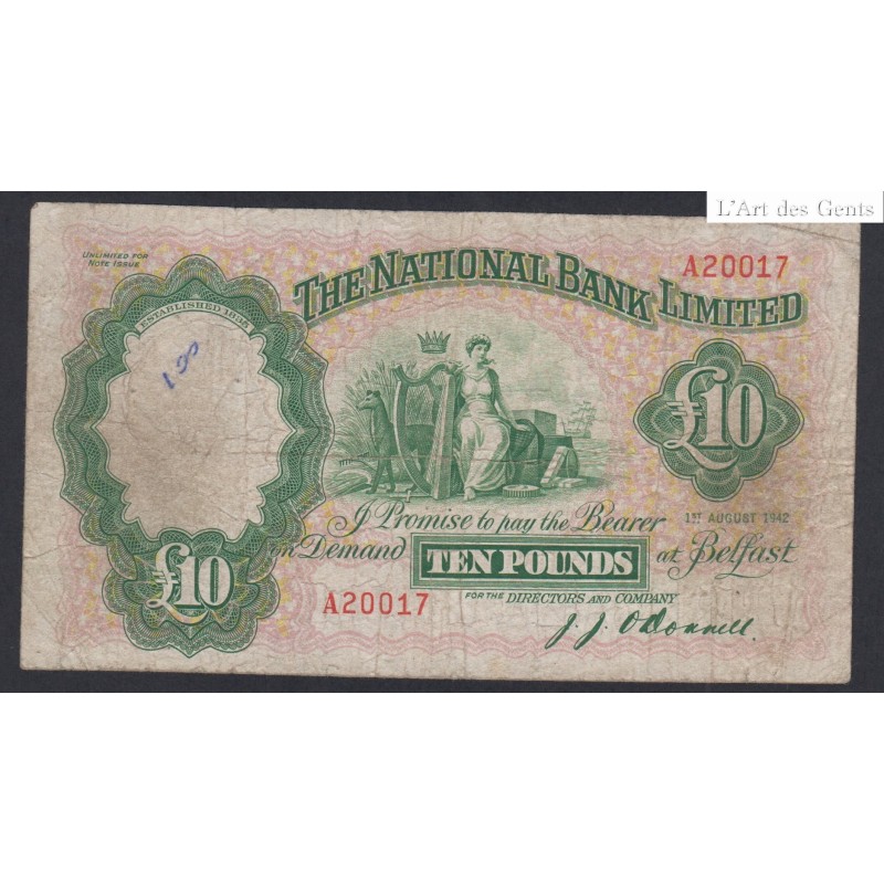 Irlande du Nord - Billet 10 Pounds - n° A20017 - 1942 - lartdesgents.fr