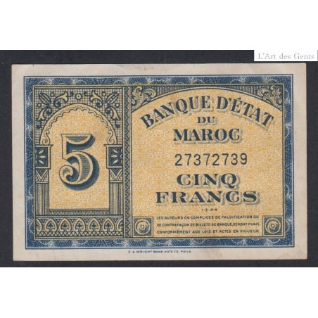 Maroc - 5 Francs - 01-03-1944 - N° 27372739- Neuf - lartdesgents.fr