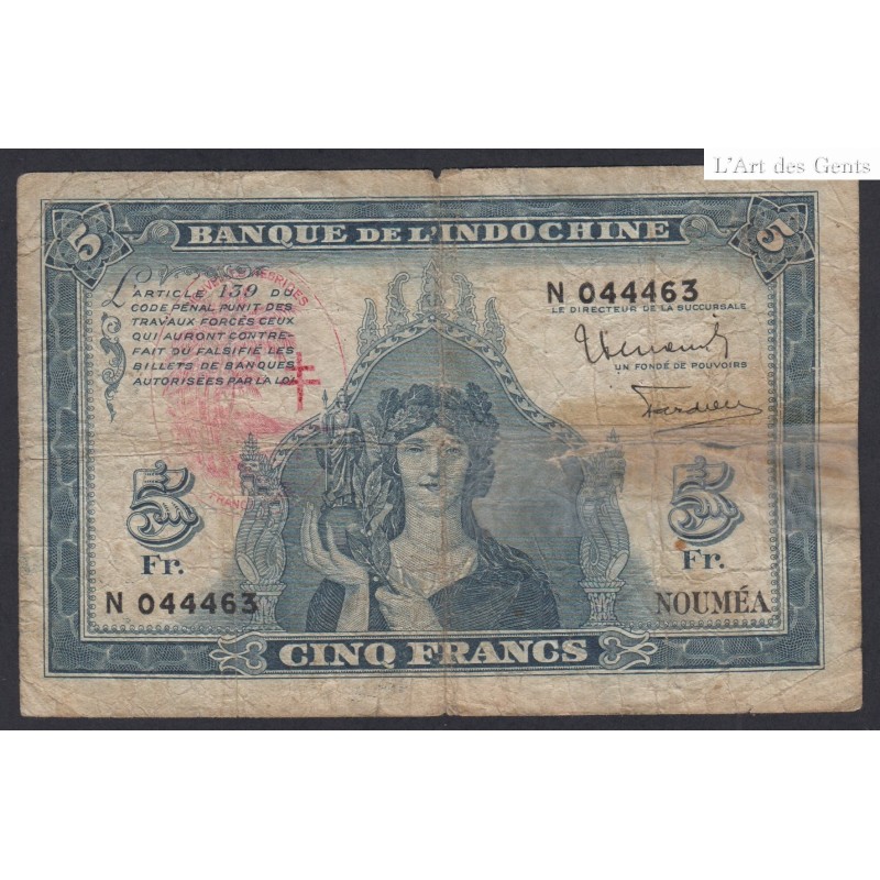 Billet Nouméa New-Hébrides 5 Francs 1945 Pick 5 lartdesgents.fr