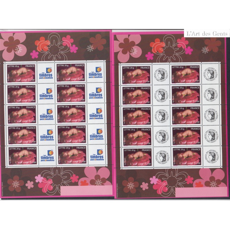 Lot de 2 Feuillets timbres personnalisés "C'est une fille" - 2005 - F3804A et F3804Aa  - Neufs** - lartdesgents.fr