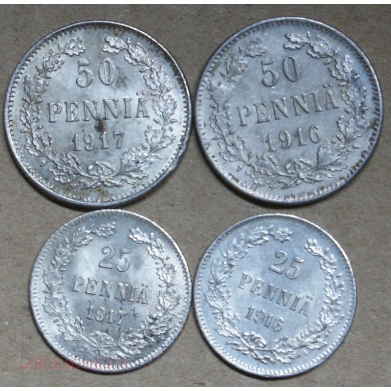 Finlande 50 pennia 1916s + 1917s, 25 pennia 1916s + 1917s (5), lartdesgents.fr