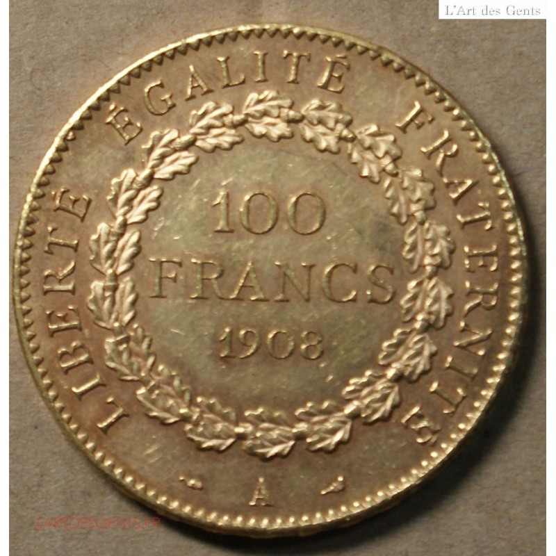 100 francs or Génie 1908 A Paris Superbe, lartdesgents.fr