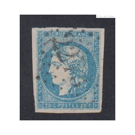 Timbre France n°44B - 20 c. bleu - 1870 Oblitéré signé cote 900 Euros lartdesgents.fr