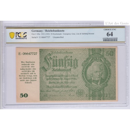 ALLEMAGNE 50 Reichsmark 1933 (1945) Uncancelled PCGS 64 UNC