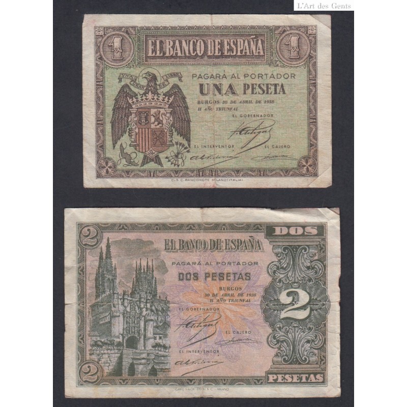 ESPAGNE 1PESATA +2 PESETAS 30 AVRIL 1938, lartdesgents.fr