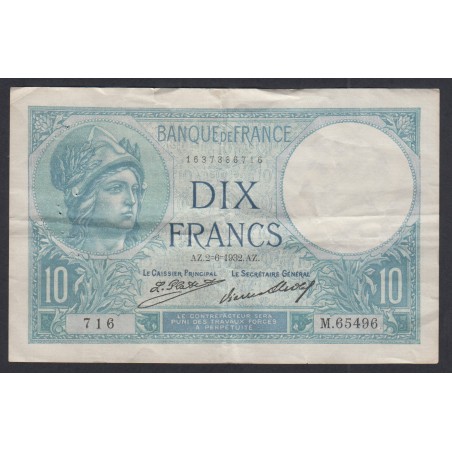 FRANCE 10 FRANCS MINERVE 19-6-1941 N° J.84452 624 SUP