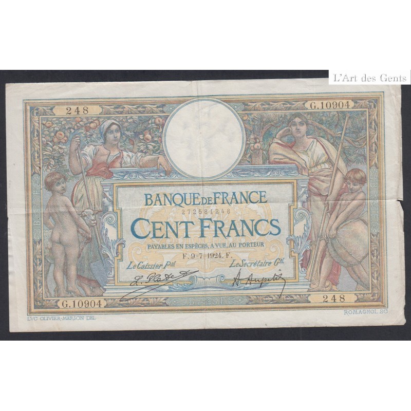 FRANCE 100 FRANCS LOM 9-7-1924 N° G.10904 248, lartdesgents.fr