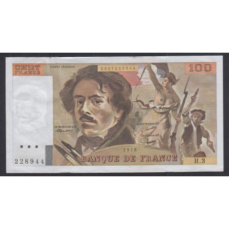 rare Billet France 100 Francs Delacroix 1978, H.3 228944, AU/UNC, cote 150 euros,  lartdesgents