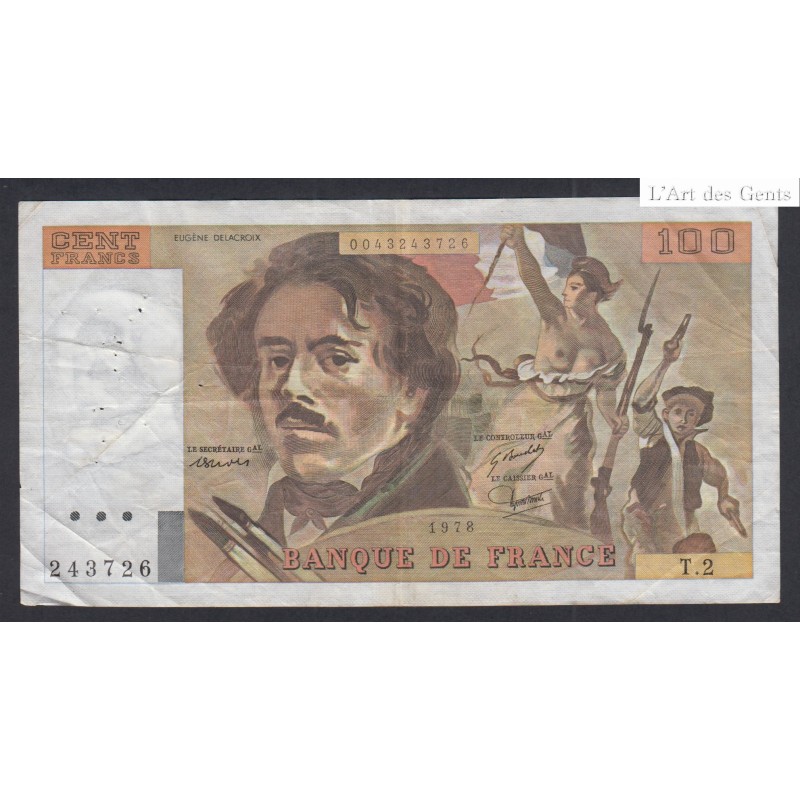 rare Billet France 100 Francs Delacroix 1978, T.2 243726, TTB, cote 250 euros,  lartdesgents