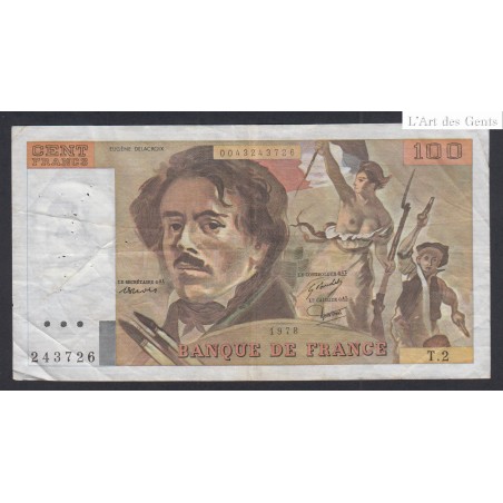 rare Billet France 100 Francs Delacroix 1978, T.2 243726, TTB, cote 250 euros,  lartdesgents