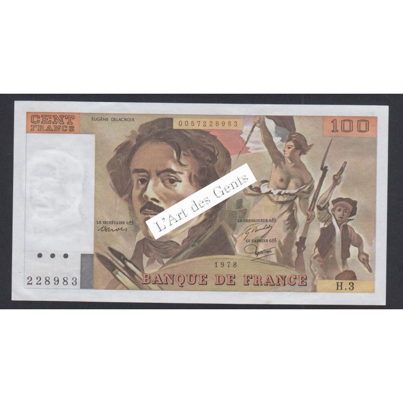 Rare Billet France 100 Francs Delacroix 1978, H.3, UNC, cote 220 euros,  lartdesgents