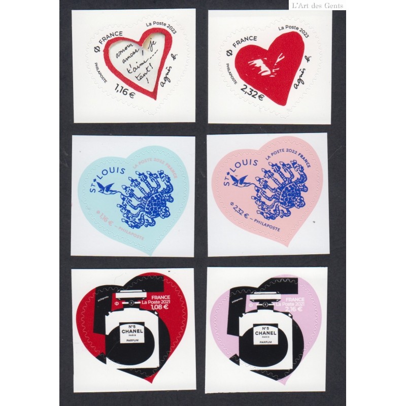 Autoadhésifs 2021 à 2023 - Saint Valentin - Coeurs - 6 Timbres Neufs** luxe - lartdesgents.fr