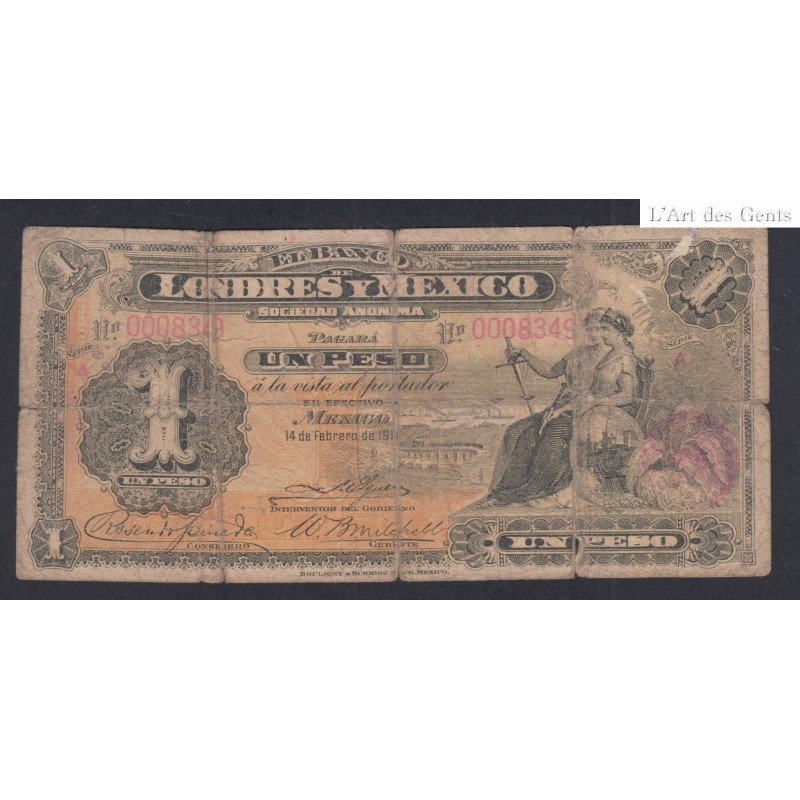 Billet LONDRES Y MEXICO  1 Peso 1914 N° 0008349-  lartdesgents.fr