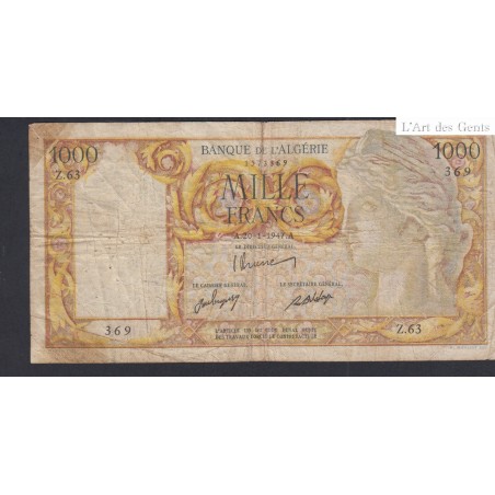 Billet ALGERIE 1000 Francs 20-01-1947 TB N° Z.63 369, lartdesgents.fr