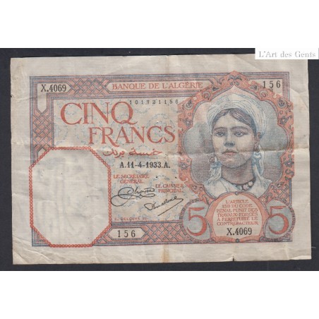 Billet ALGERIE 5 Francs 11-4-1933 TTB N° X.4069 156, lartdesgents.fr