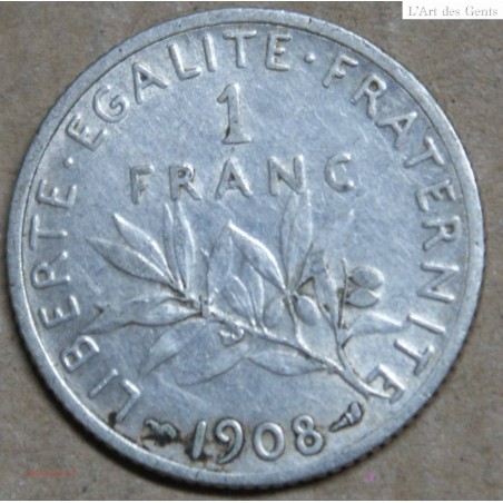 FRANCE SEMEUSE 1 franc 1908, p/SUP, Cote 100€, lartdesgents.fr