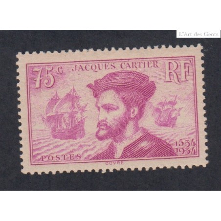 Timbre n°296  Jacques Cartier 1934 neuf** signé cote 110 Euros lartdesgents