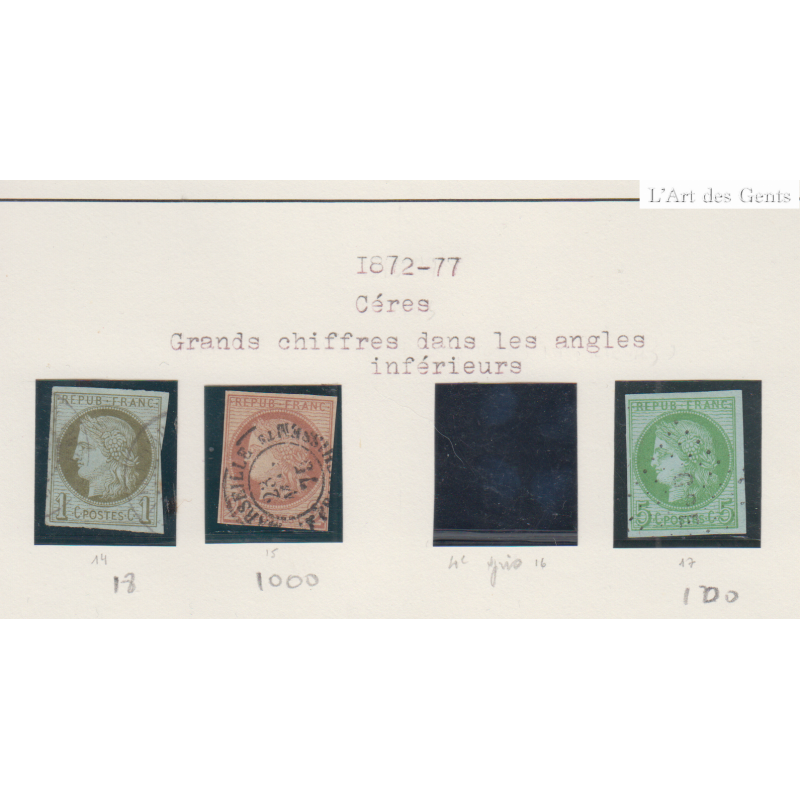 Timbres Cérès et type Sage n°14 à n°29 sauf 16, 24 et 26- Oblitérés - cote 2306 Euros - lartdesgents