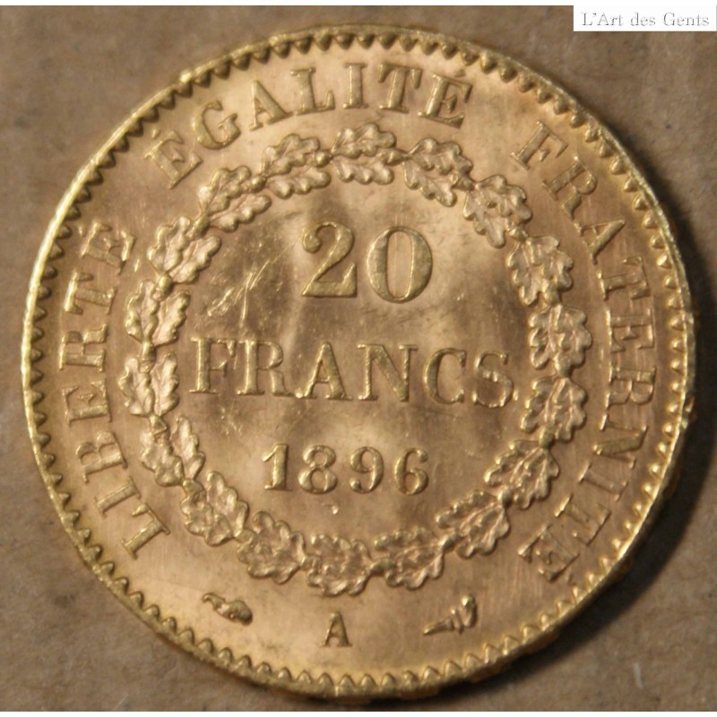 France Génie 20 Francs or 1896 A torche, lartdesgents.fr