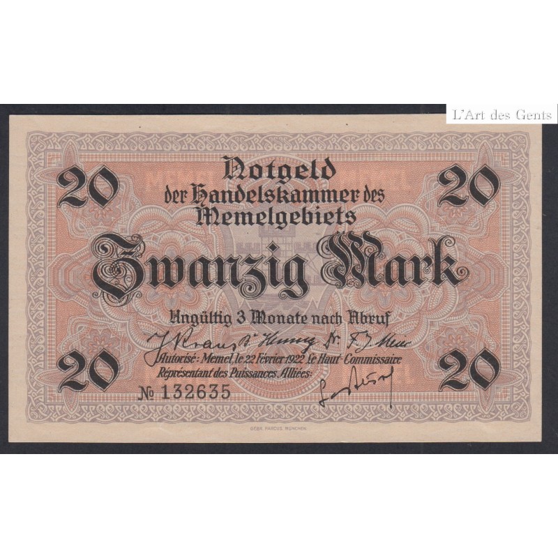 BILLET - Memel 20 mark 22 février 1922, French Administration-Post WWI, lartdesgents.fr