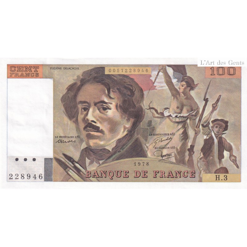 Billet France 100 Francs Delacroix 1978, H.3 228946 UNC, cote 140 euros,  lartdesgents