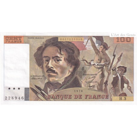 Billet France 100 Francs Delacroix 1978, H.3 228946 UNC, cote 140 euros,  lartdesgents