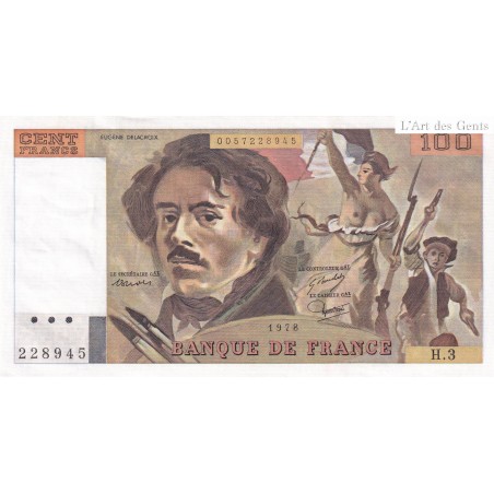 Billet France 100 Francs Delacroix 1978, H.3 228945 UNC, cote 140 euros,  lartdesgents