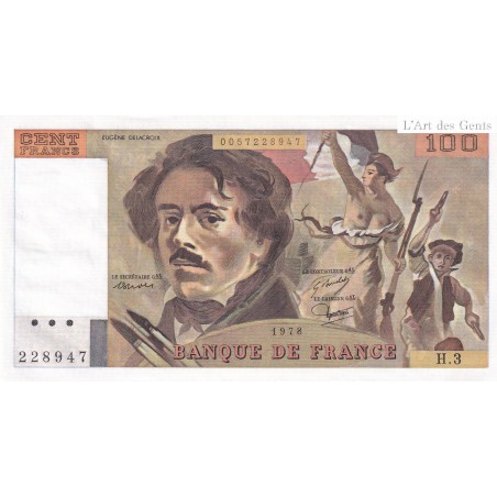 Billet France 100 Francs Delacroix 1978, H.3 228947 UNC, cote 140 euros,  lartdesgents