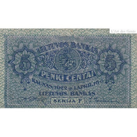 LITHUANIE 5 CENTAI 1922 SERIJA F PICK 9a GRADE XF