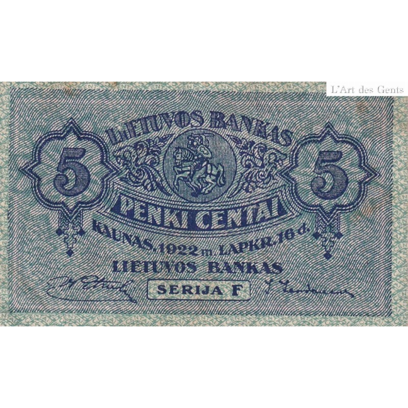 BILLET LITUANIE 5 CENTAI 1922 SERIJA F PICK 9a GRADE VF