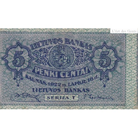 BILLET LITUANIE 5 CENTAI 1922 Série T, PICK 9a, GRADE VF