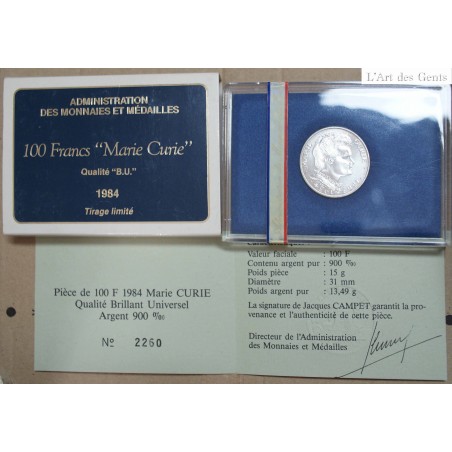 BU 100 Francs 1984 "MARIE CURIE" (1), lartdesgents.fr