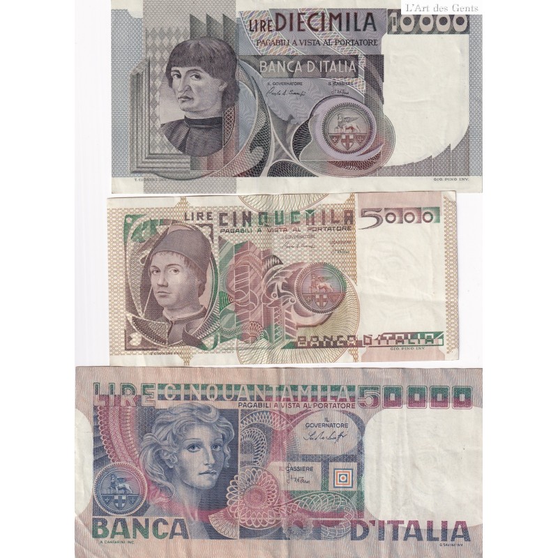 Billet Italie 5000 Lire 1980, 10000 lire 1980, 50000 lire 1978 - lartdesgents.fr