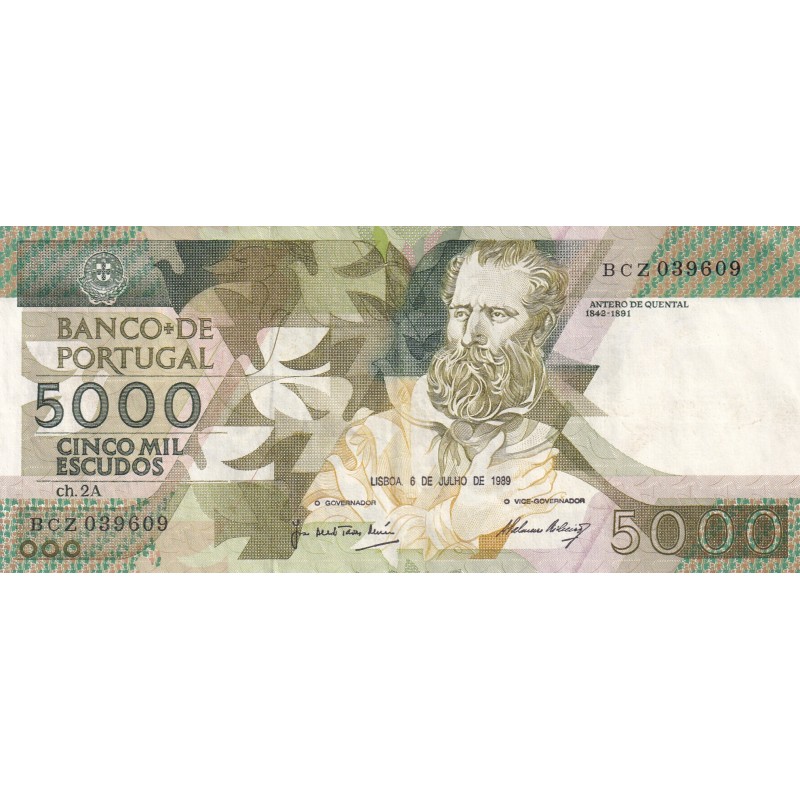 Billet Portugal 5000 escudos 1989- n°ch. 2A BCZ 039609- lartdesgents.fr