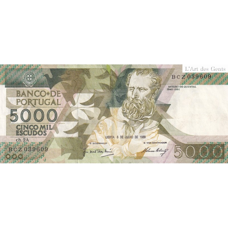 Billet Portugal 5000 escudos 1989- n°ch. 2A BCZ 039609- lartdesgents.fr