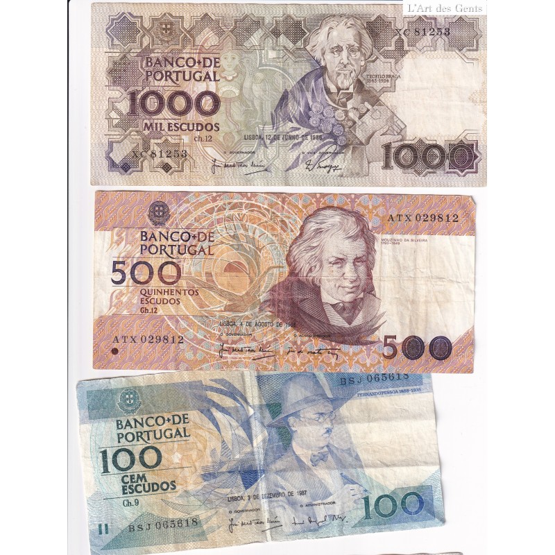 Billet Portugal 1000, 500+ 100 escudos 1989- lartdesgents.fr